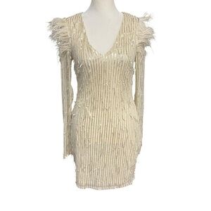 Hot & Delicious Elegant Cream Sequin Dress Size M Long Sleeves Feather Accent